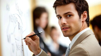 A young business professional writing on a whiteboard during a meeting