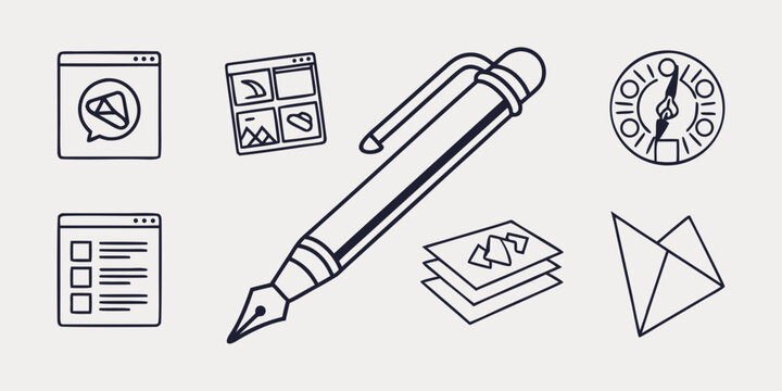 A collection of digital icons representing content creation tools and elements like documents, images, and a pen, symbolizing design and writing processes