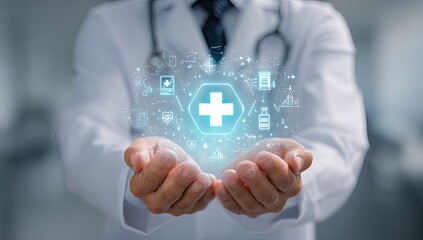 Medical professional presents a glowing, futuristic healthcare interface with icons