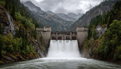 Massive concrete dam with water gushing, surrounded by steep, forested mountains