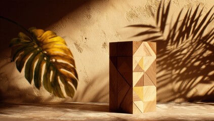 Geometrically patterned wooden box with leaf shadow on stucco wall
