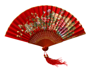 Elegant red traditional folding hand fan beautifully decorated with a colorful floral print, featuring ornate carved wooden ribs and a decorative red tassel hanging from the pivot