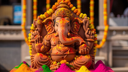 Fototapeta premium Vibrant sandstone Ganesha statue, painted red, orange, yellow, adorned with marigold garlands and colorful offerings on a bustling Indian market street. Ideal for Diwali, Ganesh Chaturthi, travel,