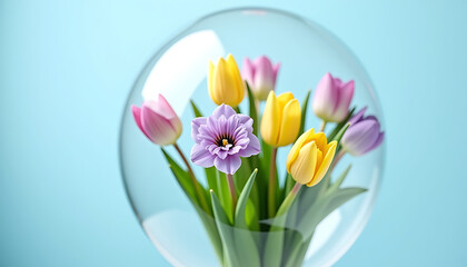 Bouquet of colorful tulips and daisies inside transparent glass balloon on blue background