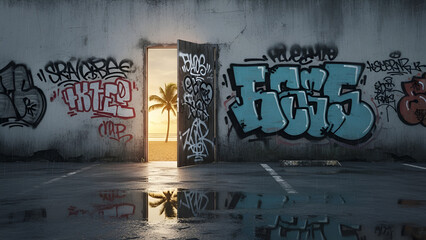 Gritty urban door opens to a sunny beach, symbolizing escape from bleak reality to paradise. Ideal for travel ads, mental health campaigns, self-improvement,