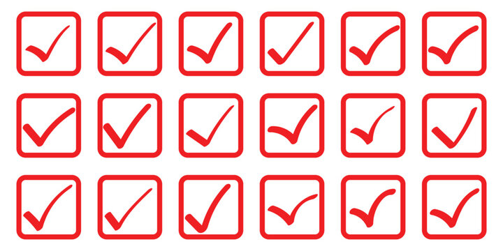 Check tick mark icon set. Cross box x check mark checkbox list vector hand drawn sketch doodle brush marker checklist symbol wrong right circle. hand drawn, grunge. hand drawn scrabble tick X mark. 