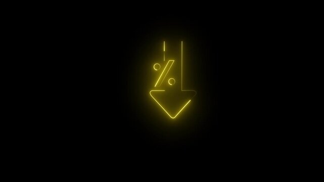 Yellow Neon Downward Arrow With Percentage Symbol background 4k animation video. 