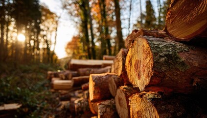 Fototapeta premium Harvested logs piled in a sun-drenched forest during autumn