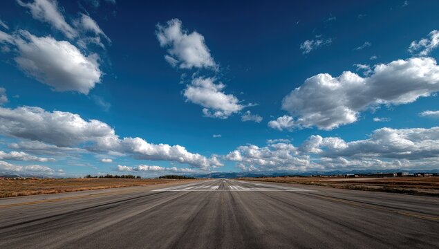 Expansive runway leads toward distant mountains under a vast, cloud-filled sky
