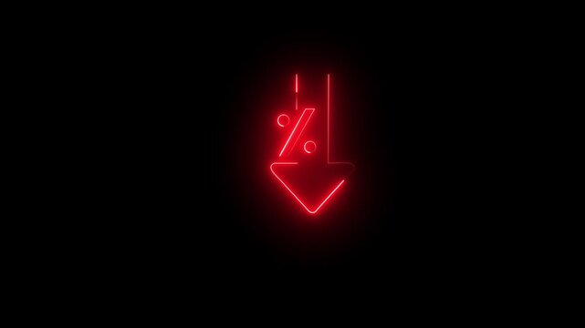 Red Neon Downward Arrow with Percent Symbol on Black background 4k animation video. 