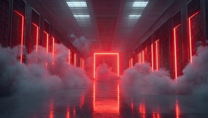 Server room with glowing red lights and atmospheric smoke