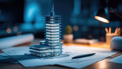 Detailed architectural model of a modern skyscraper and building on a desk