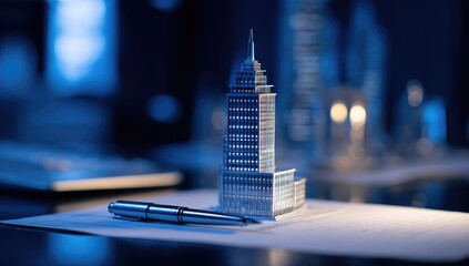 Miniature skyscraper model on desk with pen, suggesting business or planning