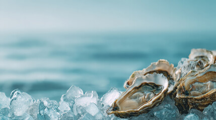 Fresh Raw Oysters Served on Crushed Ice with a Blurred Blue Ocean Background, Luxury Seafood Gastronomy Concept, Appetizing Marine Delicacy for Fine Dining Restaurant Menu and Coastal Summer Lifestyle
