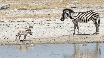 Fototapeta premium A baby zebra following its mother across the plains