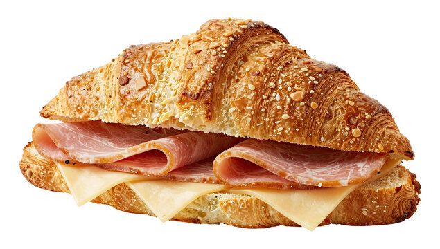 Ham and cheese croissant sandwich with flaky pastry isolated on transparent background