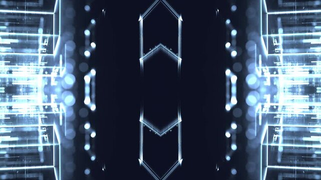 glowing geometry structures, digital technology innovation: futuristic forms, data visualization, network, 3D space, engineering, research, modern infrastructure, background, blue, dark
