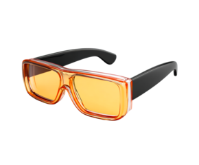 Pair of stylish orange safety glasses with black temples and yellow tinted lenses shown in a three-quarter perspective with clean studio lighting and a glossy finish