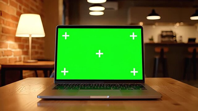 Laptop with green screen on wooden table in modern cafe setting