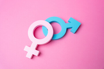 Male and female gender symbols. Relationships and intimacy. Sexual life and health. Partnership balance concept, communication and wellbeing. Emotional connection, trust and modern couple dynamics