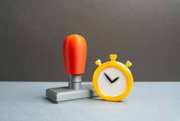 Stopwatch and office seal. Permits and document verification. Administrative timing pressure, approval deadlines and compliance checks. Bureaucratic efficiency, legal validation and control