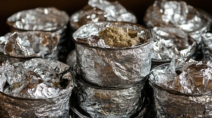 Stacked emergency food paste tubes in reflective foil packaging showing close up detail