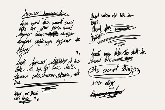 Handwritten scribble text set with expressive notes, underlines, corrections and freehand writing elements. Minimal black ink vector illustration.