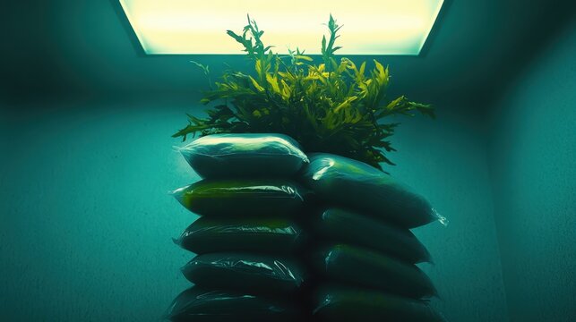 Stack of sealed plastic specimen bags under overhead lighting - Powered by Adobe