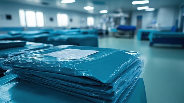Stack of sealed sterile disposable medical drapes ready for surgical procedures in a clean hospital environment