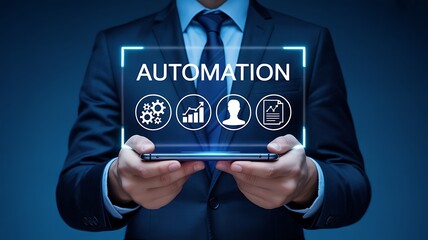 Businessman holding tablet with automation technology interface in hands digital innovation concept