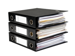Three black office ring binders stacked together are overflowing with paperwork and documents, showing a concept of bureaucracy and information overload in a business setting
