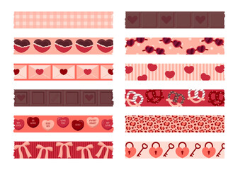 Romantic Valentine digital tape set in peach, orange, red and brown tones. Includes plaid, chocolate, hearts, bows and more. Ideal for scrapbooking, cards, planners and social media design.