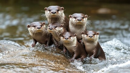 A family of otters playing in a river