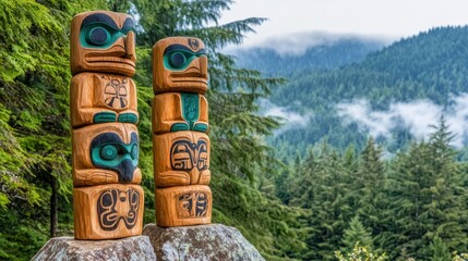 Stacked indigenous carved wooden totem poles standing on rocks against a misty forest mountain landscape