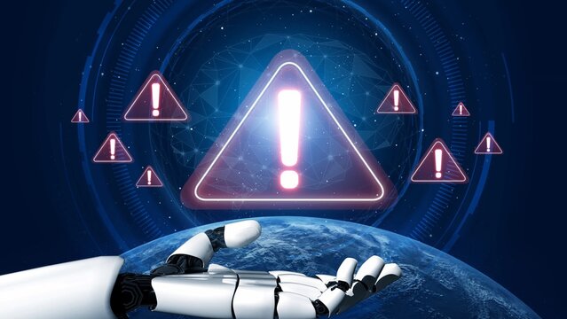 AI monitors network to issue real-time alerts for cybersecurity incidents. Alert warning showing red cyber for data breach, network threat, emphasis on security risk caution, digital protection Marrow
