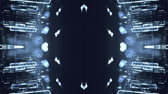geometric glowing light patterns, futuristic, symmetrical design, analysis, technology, digital art, connection, network, mesmerizing, depth, innovation, digital media, tech advertising, blue, dark