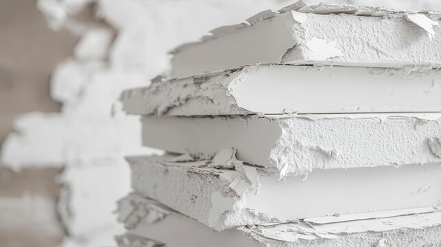 Stacked sheets of damaged drywall showing white material with rough textures and water stains from building disrepair