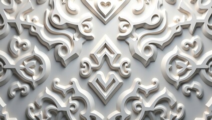 Elegant white embossed pattern with intricate floral details and symmetrical design.