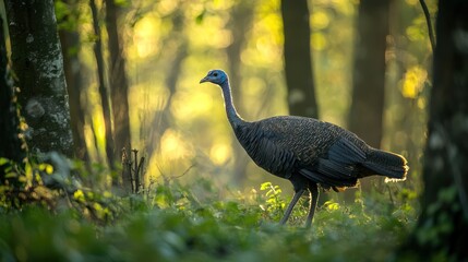 A wild turkey strutting through the forest