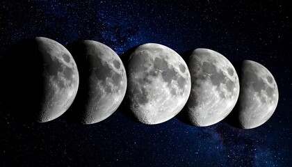 The Phases of the Moon in Space with Stars.
