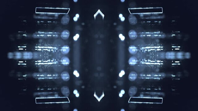 geometric glowing light patterns, futuristic, symmetrical design, analysis, technology, digital art, connection, network, mesmerizing, depth, innovation, digital media, tech advertising, blue, dark
