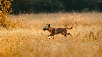 A wild dog running through the grasslands of Africa