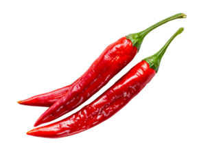 Two fresh red hot chili peppers with green stems are arranged diagonally, showcasing their glossy and vibrant skin in a detailed studio shot