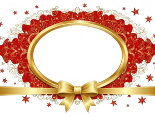 Golden oval frame with red hearts and stars isolated on transparent background