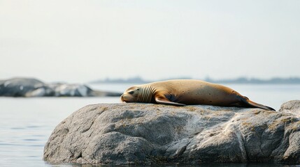 A sea lion resting on a rock near the shore