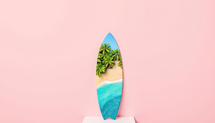 Surfboard with tropical beach palm trees ocean sunset print leaning on pink studio wall