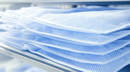 Stacked layers of delicate white and blue mesh fabric with a visible textured weave