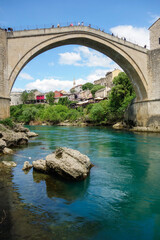 Obraz premium Mostar, Bosnia and Herzegovina - 05.02.2025: historical Stari Most or Old Bridge, over Neretva river