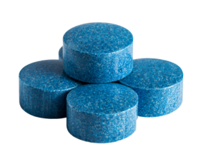 Four round blue granular tablets with a porous texture are stacked together in a detailed close-up product photograph with clean studio lighting