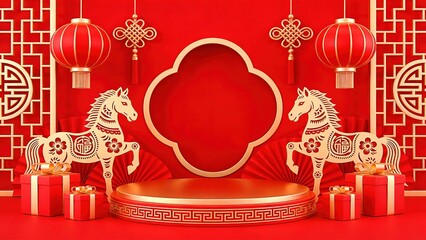 2026 Lunar New Year Podium with Horse Zodiac and Traditional Decorations